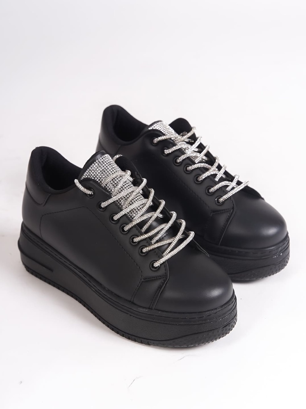 Black Platform Rhinestoned Lace Sneakers